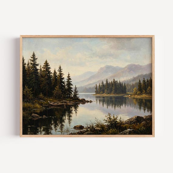 Vintage Mountain Lake and Pine Forest Wall Art, Tranquil Earthy Landscape Canvas Print, Rustic Nature Painting for Cabin Home Decor