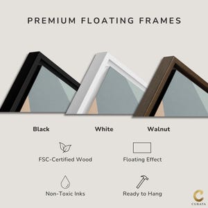 May include: Three floating frames in black, white, and walnut finishes with the text PREMIUM FLOATING FRAMES. Icons indicate FSC-Certified Wood, Floating Effect, Non-Toxic Inks, and Ready to Hang. The Curata logo is in the bottom right corner.