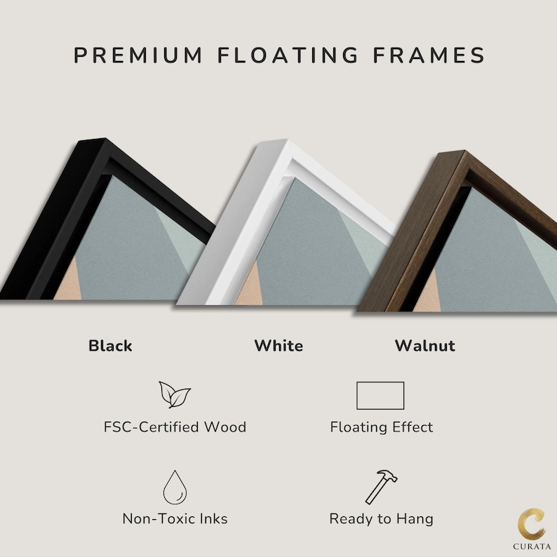 May include: Three floating frames in black, white, and walnut finishes with the text PREMIUM FLOATING FRAMES. Icons indicate FSC-Certified Wood, Floating Effect, Non-Toxic Inks, and Ready to Hang. The Curata logo is in the bottom right corner.