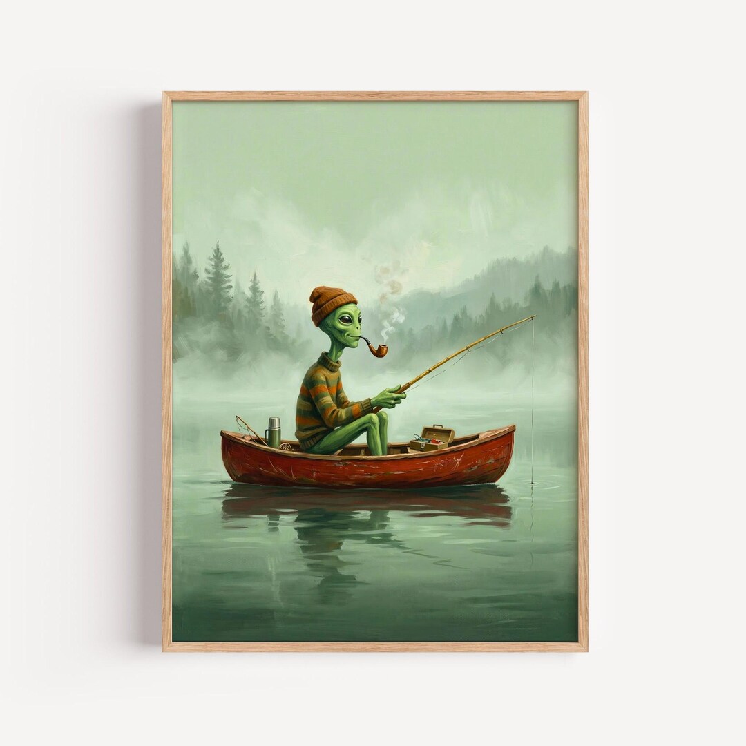 Funny Alien Fishing in Canoe Wall Art, Surreal Extraterrestrial Poster ...