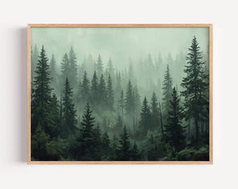 Dark Green Misty Evergreen Forest Canvas Print, Moody Atmospheric Woodland Wall Art, Deep Sage Pine Tree Landscape Room Decor