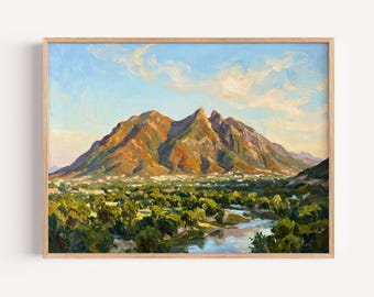 Monterrey Mexico Mountain Wall Art, Impressionist Saddle Peak Landscape Canvas, Warm Earth Tone Valley Nature Painting Decor