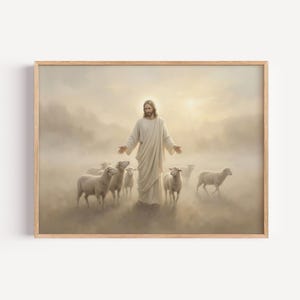 Jesus Christ Wall Art, Good Shepherd Catholic Canvas Print, Christian Art Saviour and Sheep Painting, Warm Living Room Decor