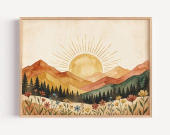 Rustic Boho Watercolor Mountain Wall Art, Golden Sun Landscape Canvas Print, Wildflower Meadow Decor, Vintage Nature Artwork