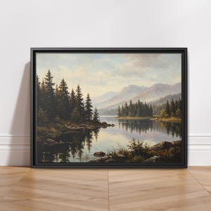 Vintage Mountain Lake and Pine Forest Wall Art, Tranquil Earthy Landscape Canvas Print, Rustic Nature Painting for Cabin Home Decor image 13