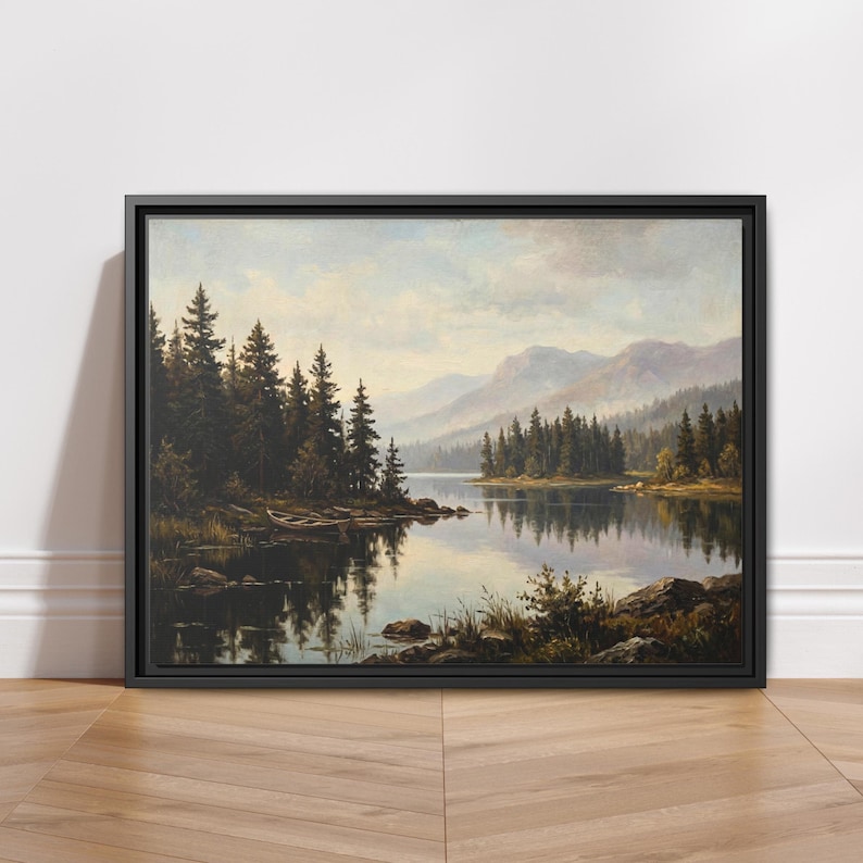 Vintage Mountain Lake and Pine Forest Wall Art, Tranquil Earthy Landscape Canvas Print, Rustic Nature Painting for Cabin Home Decor image 13
