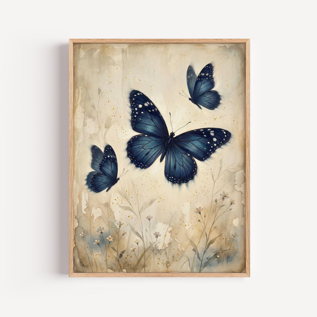 Navy Blue Butterfly Vintage Wall Art, Antique Style Insect Botanical ...