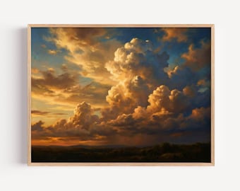 Golden Hour Dramatic Sunset Cloud Canvas Print, Warm Bronze Atmospheric Sky Wall Art, Classical Luminous Horizon Home Decor