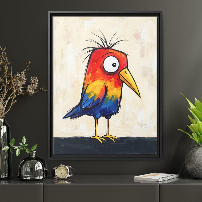 Funny Bird Wall Art, Quirky Animal Print, Colorful Abstract Oil Painting, Whimsical Nursery Decor, Bright Living Room Canvas image 9