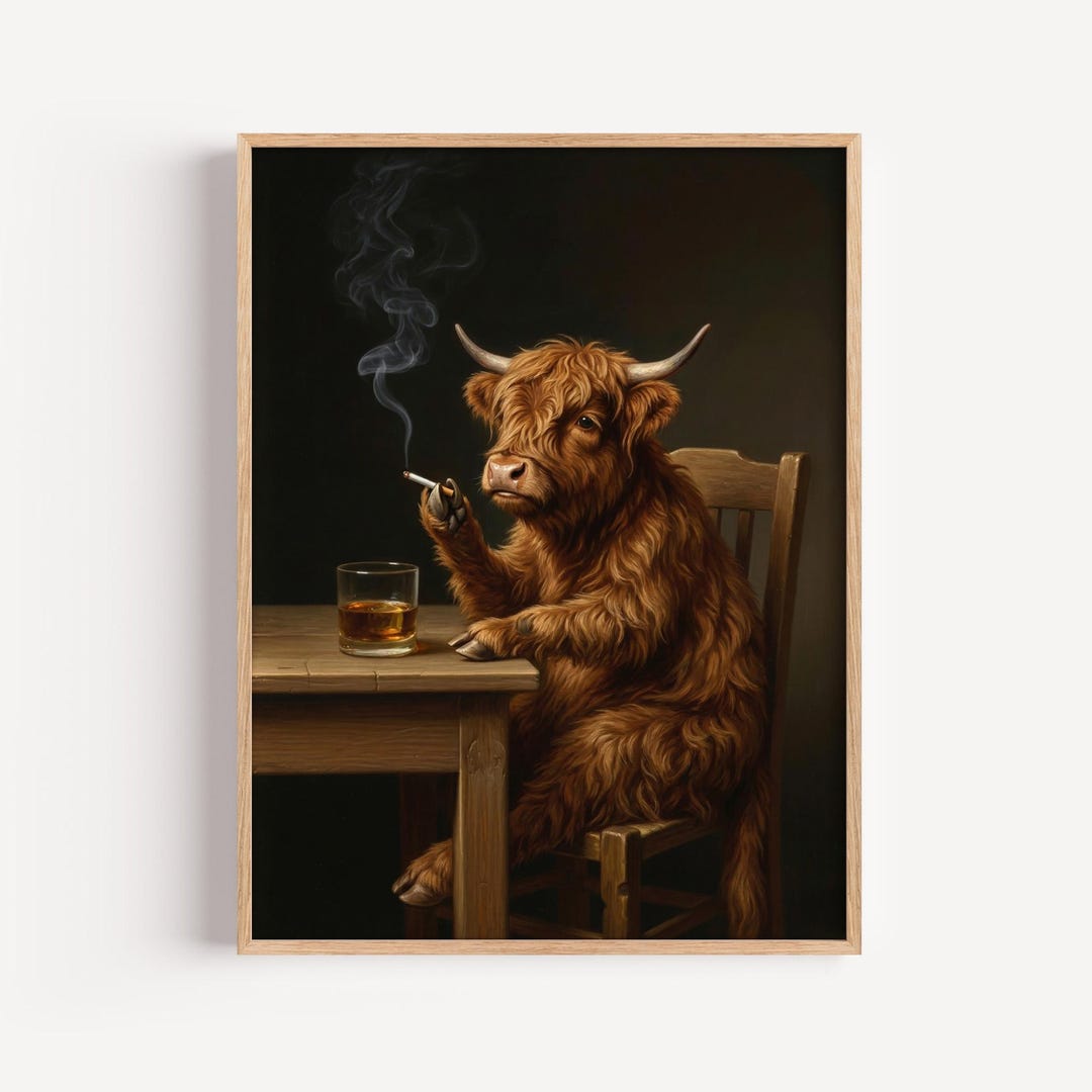 Highland Cow Oil Painting, Smoking Animal Wall Art, Funny Whiskey Print ...