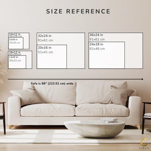May include: A size reference chart for wall art displaying various rectangular dimensions in inches, including 14x11, 10x8, 16x12, 12x9, 32x24, 20x16, 36x24, and 24x18 inches. The chart is positioned above a beige sofa that is labeled as 88 inches wide.