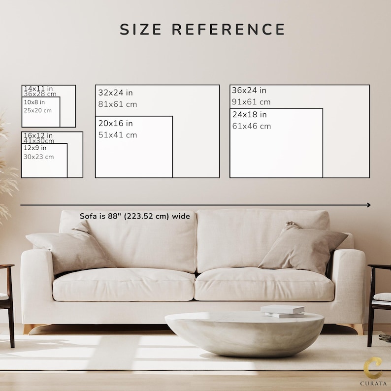 May include: A size reference chart for wall art displaying various rectangular dimensions in inches, including 14x11, 10x8, 16x12, 12x9, 32x24, 20x16, 36x24, and 24x18 inches. The chart is positioned above a beige sofa that is labeled as 88 inches wide.