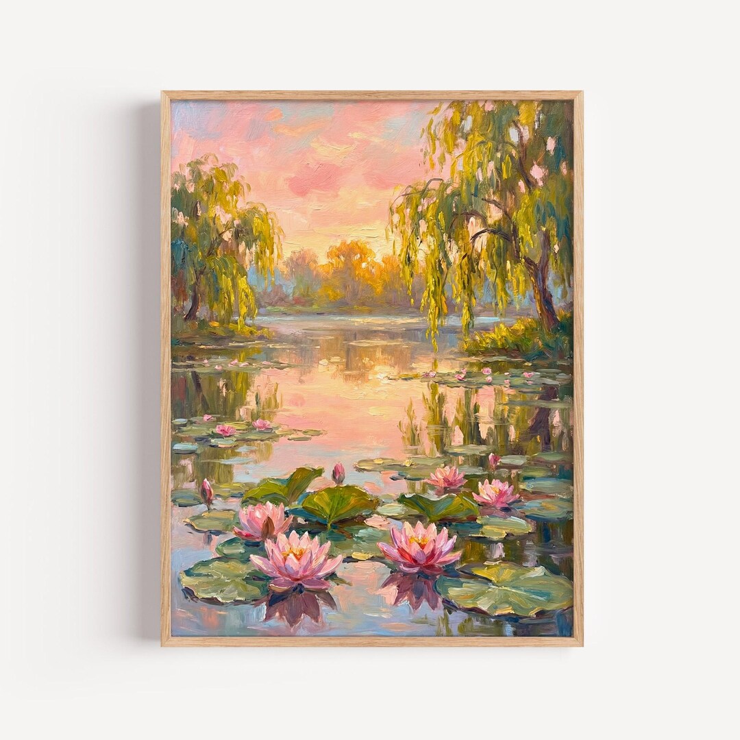 Monet Style Water Lilies Painting, Impressionist Sunset Pond Art ...