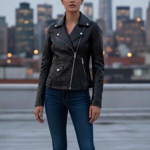 Krokodillederjacke Damen, Krokoprägung Moto Jacke, Slim Fit Bikerjacke, Edgy Streetwear Mantel, Herbstmode Oberbekleidung