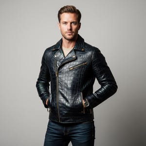 Schwarze Krokodillederjacke für Herren, Luxus-Bikerjacke, Ledermantel mit Krokoprägung, Slim Fit Moto-Jacke, stilvolle Herrenoberbekleidung