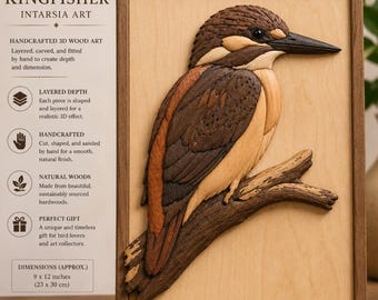 Patrón de marquetería e intarsia de martín pescador / Plantilla para arte en chapa de madera, manualidad para principiantes (PDF)