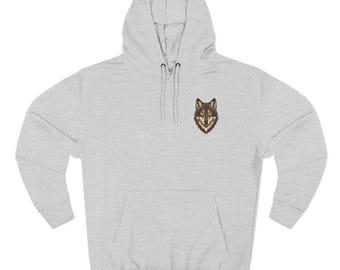 Sudadera con capucha y cabeza de lobo, gráfico pequeño en el pecho, jersey gris