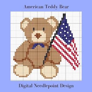 May include: Digital needlepoint design featuring a brown teddy bear with a blue bow tie, holding an American flag. The flag has red and white stripes and a blue field with white stars. The text "American Teddy Bear" and "Digital Needlepoint Design" are displayed.