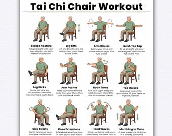 May include: A printable Tai Chi Chair Workout guide. The poster features illustrations of exercises like leg lifts, arm circles, and toe raises. The text includes instructions for each exercise, promoting gentle movement and flexibility for all.