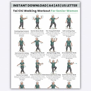 Può includere: Una guida stampabile per l'allenamento della camminata Tai Chi per donne anziane. La guida presenta passaggi illustrati per vari esercizi, tra cui Floating Step Forward, Gentle Wave Walk e Soft Landing Step. Il testo in alto recita "INSTANT DOWNLOAD | A4 | A5 | US LETTER".