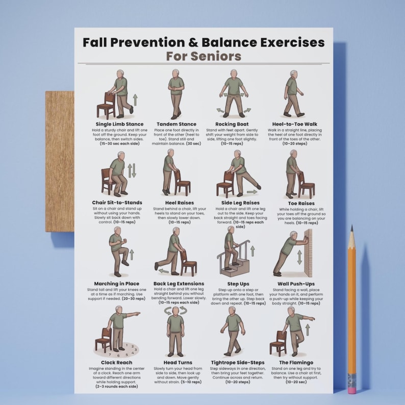 May include: A poster titled "Fall Prevention & Balance Exercises For Seniors" with illustrated exercise instructions. Exercises include Single Limb Stance, Tandem Stance, Rocking Boat, Heel-to-Toe Walk, Chair Sit-to-Stands, Heel Raises, Side Leg Raises, and Toe Raises.
