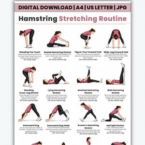 Può includere: Un poster digitale intitolato Hamstring Stretching Routine che mostra dodici illustrazioni di una persona con maglietta bordeaux e leggings neri che esegue vari esercizi di stretching con testo e tempi di tenuta indicati.