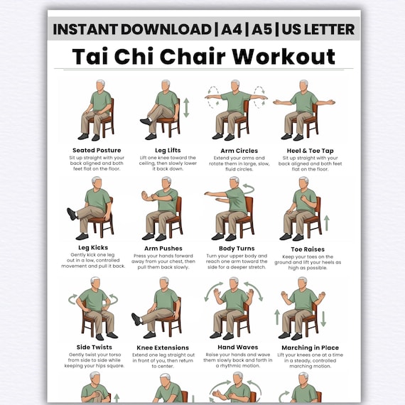 Printable Tai Chi Chair Workouts | Tai Chi Chair Exercise Chart & Workout Plan PDF | Chair Yoga Style Exercises | Digital Download