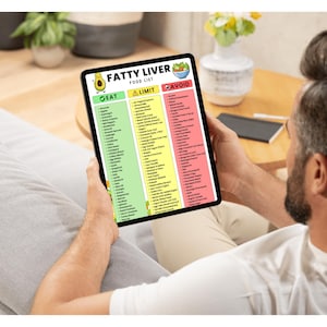 Puede incluir: Una tableta digital que muestra una "Lista de alimentos para el h&iacute;gado graso" con categor&iacute;as: "Comer", "Limitar" y "Evitar". La lista est&aacute; organizada con secciones codificadas por colores: verde, amarillo y rojo. La tableta la sostiene una persona sentada en un sof&aacute; gris.