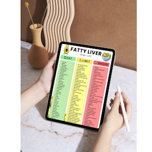 Puede incluir: Una tableta digital que muestra una "Lista de alimentos para el h&iacute;gado graso" con categor&iacute;as: "Comer", "Limitar" y "Evitar". La lista detalla los alimentos. Un l&aacute;piz &oacute;ptico se sostiene cerca de la tableta. El fondo presenta un jarr&oacute;n y una pieza decorativa de madera.
