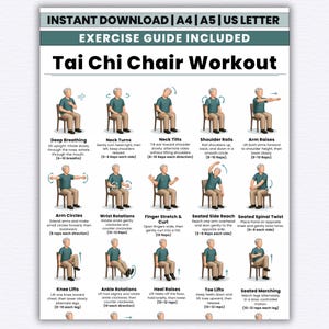 May include: A printable Tai Chi Chair Workout exercise guide. The guide features illustrations and instructions for exercises like deep breathing, neck turns, shoulder rolls, and arm raises. The text at the top says "INSTANT DOWNLOAD | A4 | A5 | US LETTER".