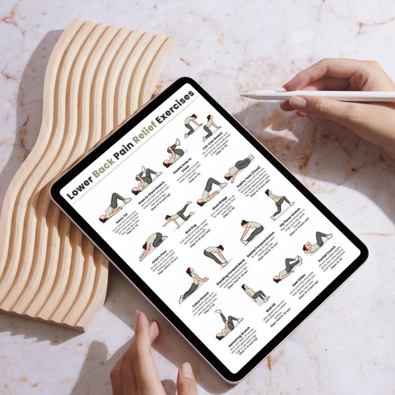 Ejercicios para aliviar el dolor lumbar / Tabla de 16 ejercicios fáciles de estiramiento y movilidad / Imprimible para aliviar el dolor de espalda sin equipo / Descarga digital imagen 7