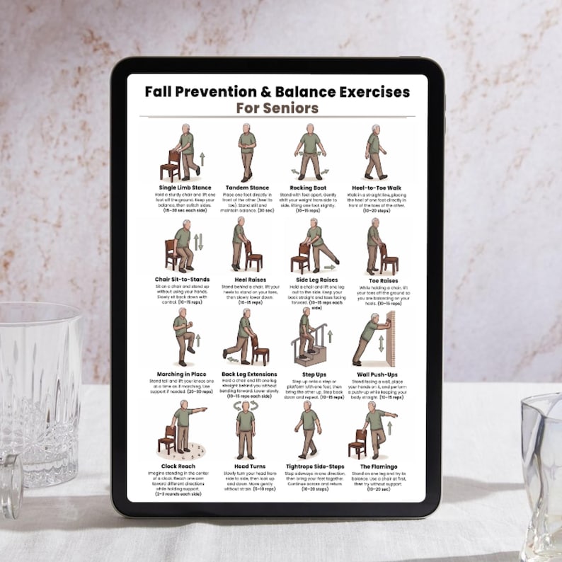 May include: A tablet displays a guide titled "Fall Prevention & Balance Exercises For Seniors." The guide illustrates various exercises, including Single Limb Stance, Tandem Stance, and Heel-to-Toe Walk, with accompanying text and stick figure diagrams.