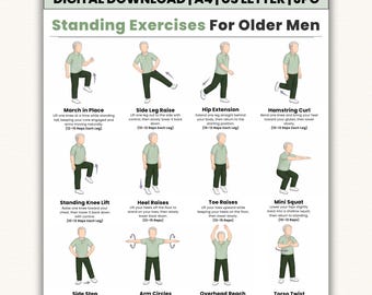 Printable Standing Exercises for Older Men  16 Senior Standing Workout Exercises  Balance & Mobility Chart  Home Fitness PDF