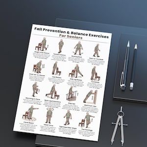 May include: A printed sheet titled "Fall Prevention & Balance Exercises For Seniors" with illustrated exercise instructions. Two pencils, a compass, and a black surface are also in the image.