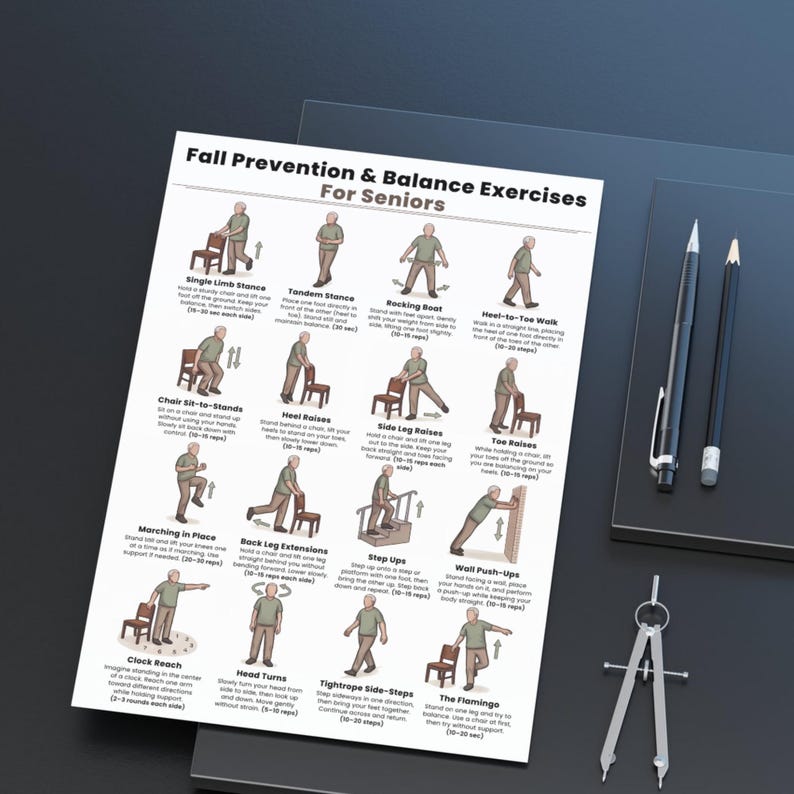 May include: A printed sheet titled "Fall Prevention & Balance Exercises For Seniors" with illustrated exercise instructions. Two pencils, a compass, and a black surface are also in the image.