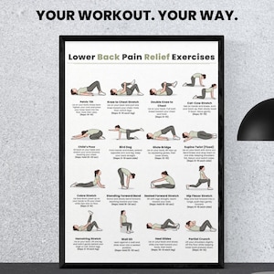 Ejercicios para aliviar el dolor lumbar / Tabla de 16 ejercicios fáciles de estiramiento y movilidad / Imprimible para aliviar el dolor de espalda sin equipo / Descarga digital imagen 2