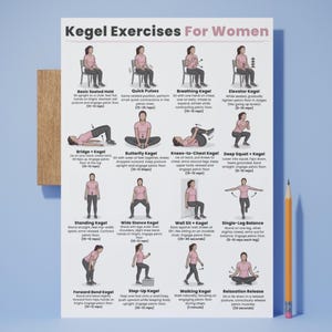 May include: A poster titled "Kegel Exercises For Women" with illustrations of various exercises. The exercises include Basic Seated Hold, Quick Pulses, Breathing Kegel, and Elevator Kegel, among others. A pencil rests on the right side of the poster.