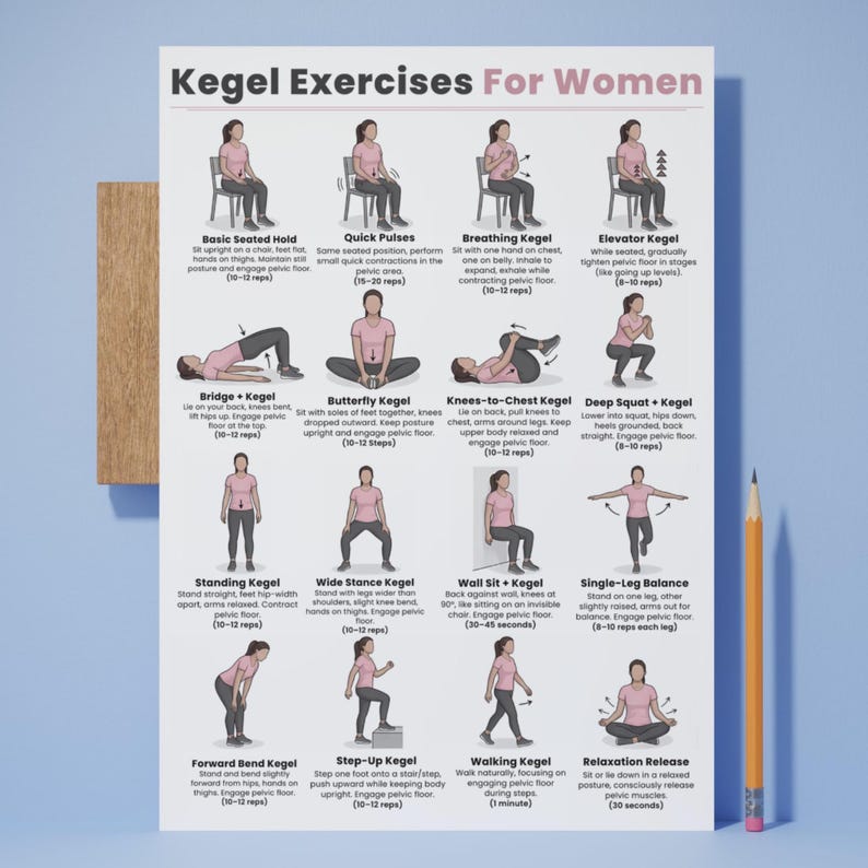 May include: A poster titled "Kegel Exercises For Women" with illustrations of various exercises. The exercises include Basic Seated Hold, Quick Pulses, Breathing Kegel, and Elevator Kegel, among others. A pencil rests on the right side of the poster.