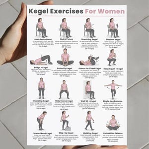 May include: A printed guide titled "Kegel Exercises For Women" displays illustrated instructions for various pelvic floor exercises. The guide features diagrams demonstrating exercises like "Basic Seated Hold" and "Breathing Kegel."