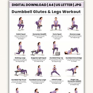Może przedstawiać: Cyfrowy plakat treningowy zatytułowany Dumbbell Glutes & Legs Workout. Zawiera dwanaście ilustracji osoby w fioletowej koszulce i legginsach wykonującej różne ćwiczenia z hantlami, w tym przysiady, wykroki i martwy ciąg.