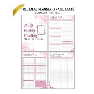 May include: A white meal planner with pink floral accents. The planner includes sections for daily, weekly, and monthly meal planning. Text includes "Daily, Weekly, Monthly Meal Planner" and "Free Meal Planner (1 Page Each)".