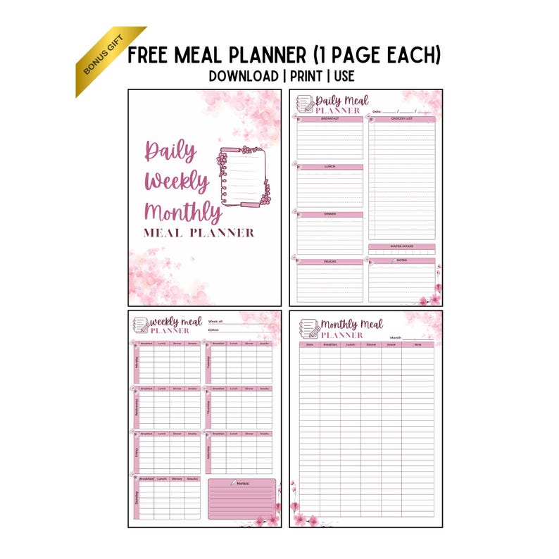 May include: A white meal planner with pink floral accents. The planner includes sections for daily, weekly, and monthly meal planning. Text includes "Daily, Weekly, Monthly Meal Planner" and "Free Meal Planner (1 Page Each)".