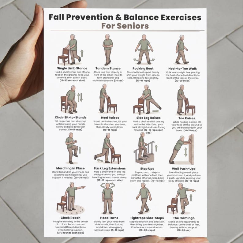 May include: A white poster with the title "Fall Prevention & Balance Exercises For Seniors" and illustrations of exercises. The exercises include Single Limb Stance, Tandem Stance, Rocking Boat, and Heel-to-Toe Walk.