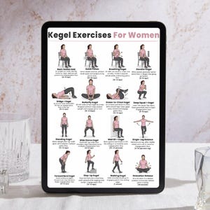 May include: A tablet displays a guide titled "Kegel Exercises For Women." The guide illustrates various exercises, including Basic Seated Hold, Quick Pulses, and Breathing Kegel. The tablet is black and is set against a neutral background.