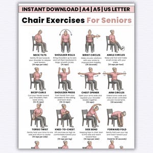 Esercizi da seduti stampabili per anziani / Tabella di allenamento da seduti in PDF / Routine di fitness dolce a basso impatto / Esercizi per anziani in PDF con download immediato