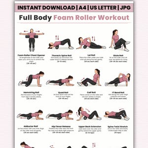 May include: A full-body foam roller workout guide with illustrations. The guide includes exercises such as chest opener, thoracic spine roll, lat roll, glute roll, hamstring roll, quad roll, calf roll, IT band roll, adductor roll, hip flexor release, upper back extension, and spine twist stretch.