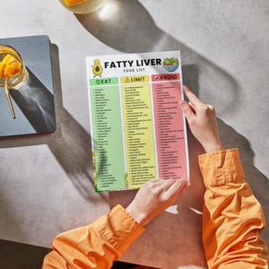 Puede incluir: Una persona sostiene una colorida "Lista de alimentos para el h&iacute;gado graso" con tres columnas: "Comer", "Limitar" y "Evitar". La lista presenta un aguacate y un gr&aacute;fico de un cuenco de ensalada. La persona lleva una camisa naranja de manga larga. Un vaso de agua con fruta est&aacute; en el fondo.