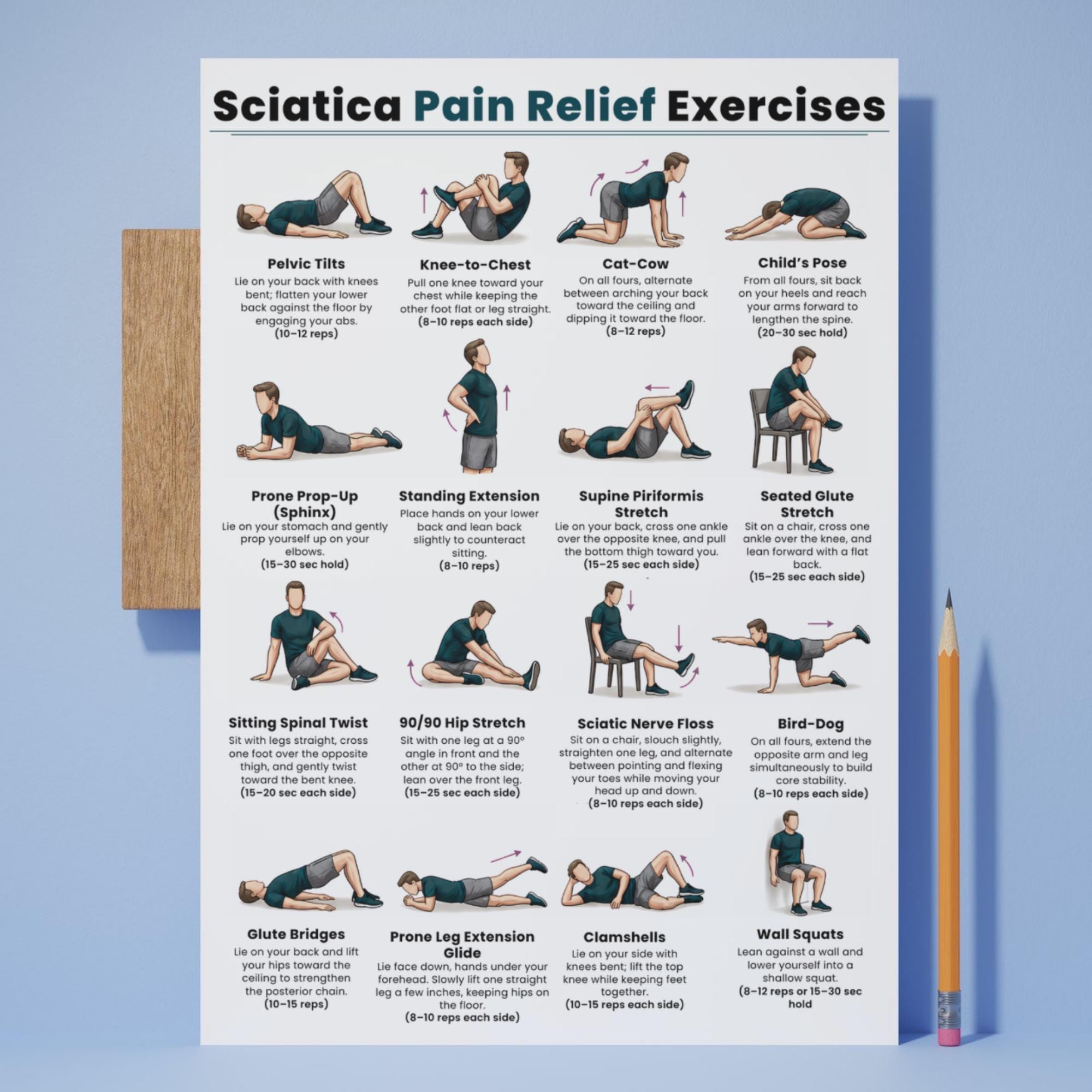 Sciatica Pain Relief Exercises Printable, Sciatic Nerve Stretch Routine ...
