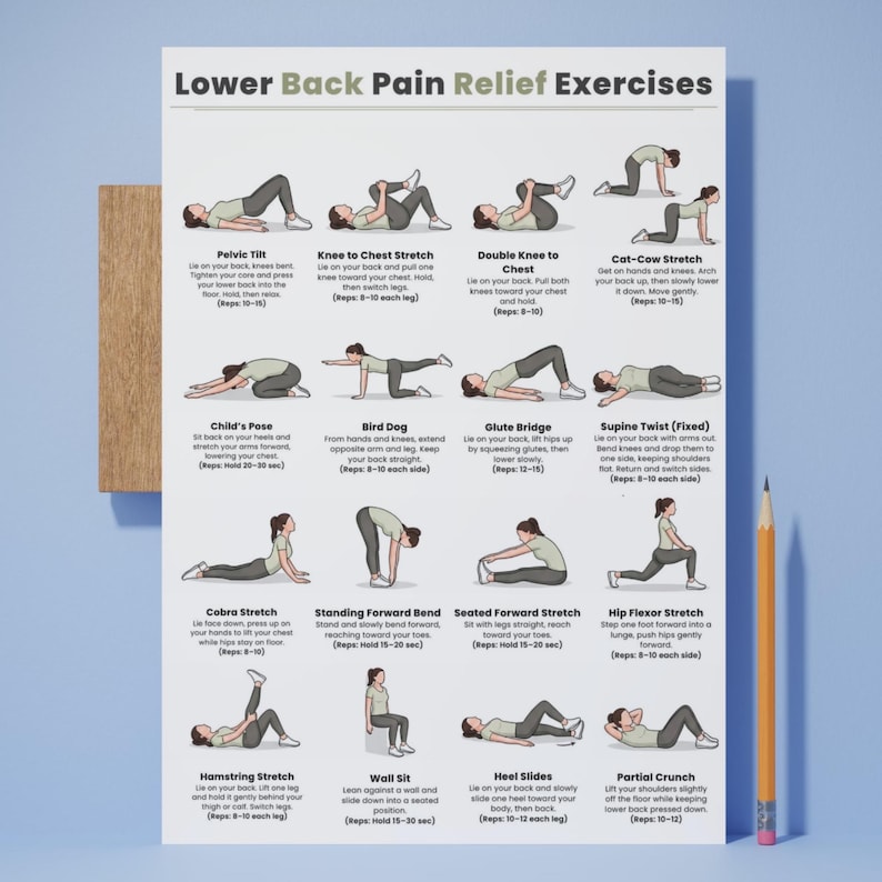 Ejercicios para aliviar el dolor lumbar / Tabla de 16 ejercicios fáciles de estiramiento y movilidad / Imprimible para aliviar el dolor de espalda sin equipo / Descarga digital imagen 10