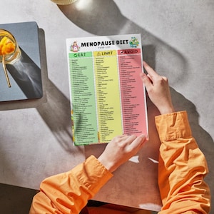 May include: A printed "Menopause Diet Food List" with columns for "Eat", "Limit", and "Avoid". The list is held by a person wearing an orange shirt. A glass of orange-colored drink with a gold straw is visible in the background.
